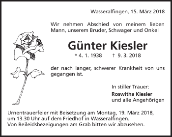 Traueranzeige von Günter Kiesler von Schwäbische Post