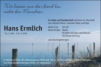 Traueranzeige von Hans Ermlich von Gmünder Tagespost