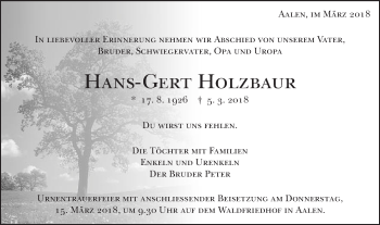 Traueranzeige von Hans-Gert Holzbaur von Schwäbische Post