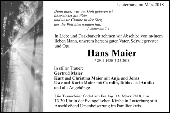 Traueranzeige von Hans Maier von Schwäbische Post