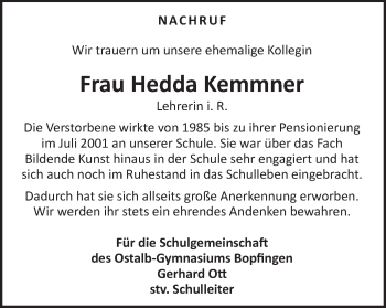 Traueranzeige von Hedda Kemmner von Bopfinger Stadtanzeiger