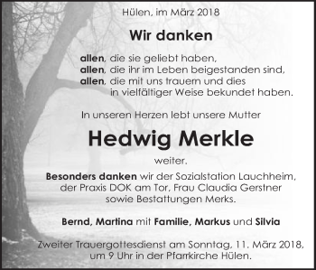 Traueranzeige von Hedwig Merkle von Schwäbische Post