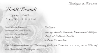 Traueranzeige von Heidi Brandt von Schwäbische Post