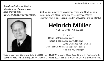 Traueranzeige von Heinrich Müller von Schwäbische Post