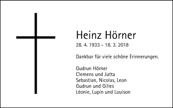 Traueranzeige von Heinz Hörner von Gmünder Tagespost
