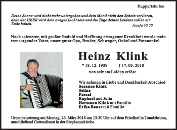 Traueranzeige von Heinz Klink von Gmünder Tagespost