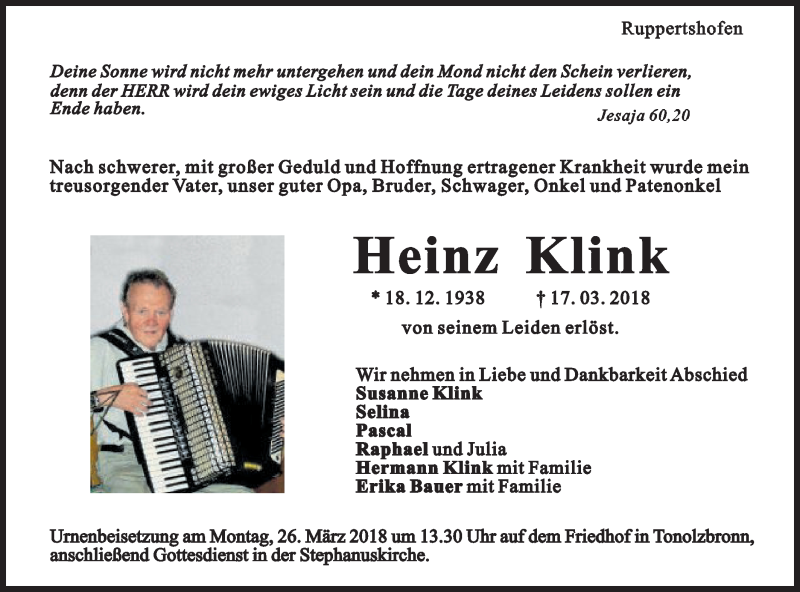  Traueranzeige für Heinz Klink vom 21.03.2018 aus Gmünder Tagespost