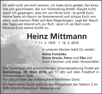 Traueranzeige von Heinz Mittmann von Schwäbische Post