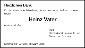 Traueranzeige von Heinz Vater von Gmünder Tagespost