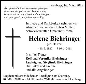 Traueranzeige von Helene Biehringer von Schwäbische Post