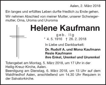 Traueranzeige von Helene Kaufmann von Schwäbische Post