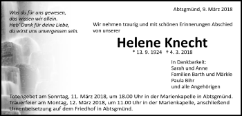 Traueranzeige von Helene Knecht von Schwäbische Post