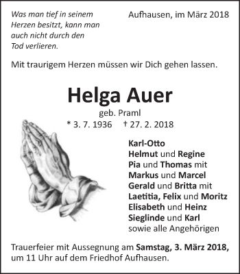 Traueranzeige von Helga Auer von Schwäbische Post