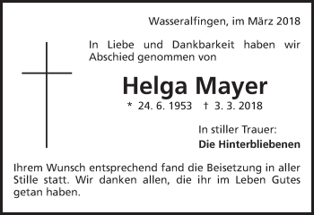 Traueranzeige von Helga Mayer von Schwäbische Post