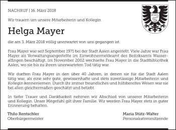 Traueranzeige von Helga Mayer von Schwäbische Post