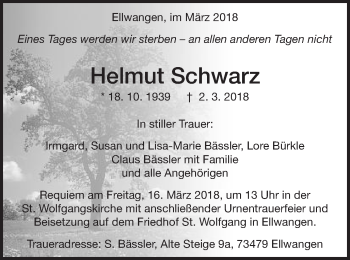 Traueranzeige von Helmut Schwarz von Schwäbische Post