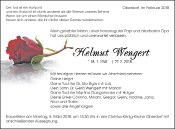 Traueranzeige von Helmut Wengert von Schwäbische Post