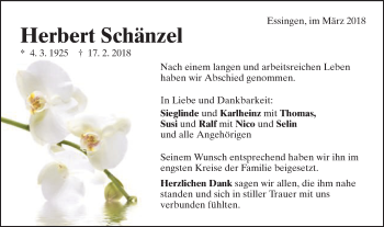 Traueranzeige von Herbert Schänzel von Schwäbische Post