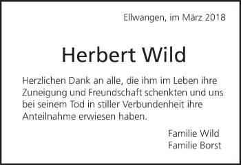 Traueranzeige von Herbert Wild von Schwäbische Post