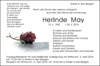 Traueranzeige von Herlinde May von Gmünder Tagespost