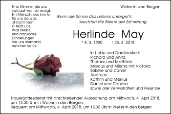 Traueranzeige von Herlinde May