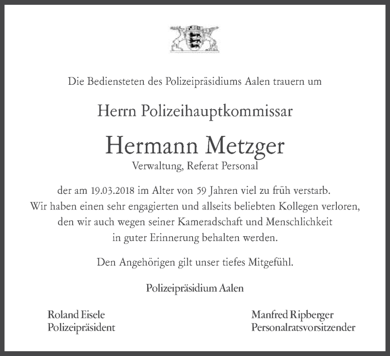  Traueranzeige für Hermann Metzger vom 22.03.2018 aus Schwäbische Post