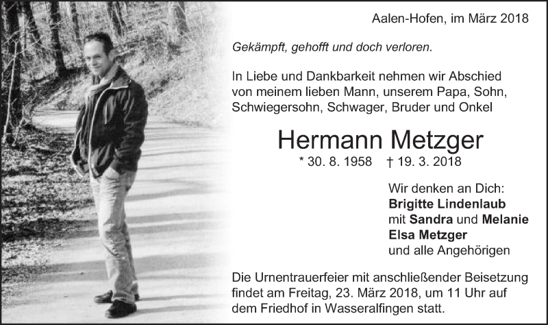  Traueranzeige für Hermann Metzger vom 21.03.2018 aus Schwäbische Post
