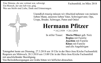 Traueranzeige von Hermann Pfitzer von Schwäbische Post