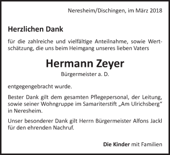 Traueranzeige von Hermann Zeyer von Schwäbische Post