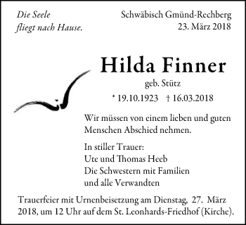 Traueranzeige von Hilda Finner von Gmünder Tagespost
