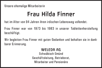 Traueranzeige von Hilda Finner von Gmünder Tagespost