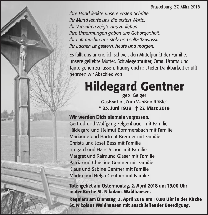  Traueranzeige für Hildegard Gentner vom 31.03.2018 aus Schwäbische Post