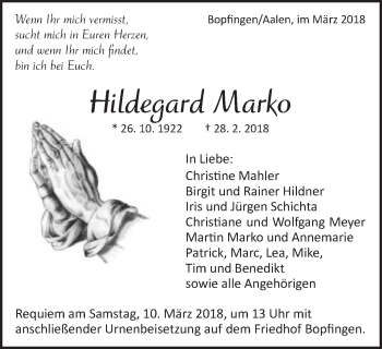 Traueranzeige von Hildegard Marko von Schwäbische Post