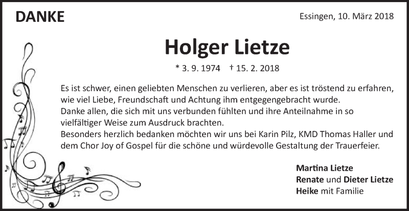  Traueranzeige für Holger Lietze vom 10.03.2018 aus Schwäbische Post