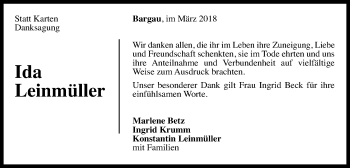 Traueranzeige von Ida Leinmüller