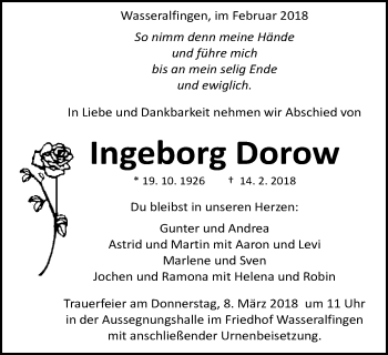 Traueranzeige von Ingeborg Dorow von Schwäbische Post