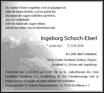 Traueranzeige von Ingeborg Schoch-Eberl von Gmünder Tagespost