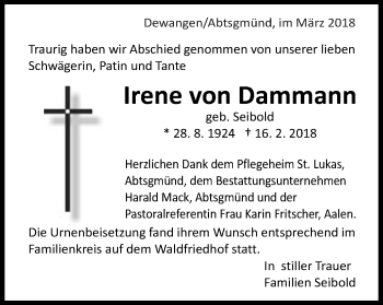 Traueranzeige von Irene Von Dammann von Schwäbische Post