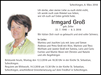 Traueranzeige von Irmgard Groß