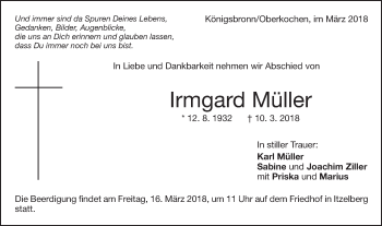 Traueranzeige von Irmgard Müller von Schwäbische Post