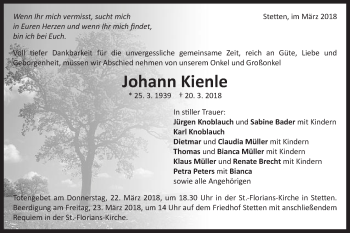 Traueranzeige von Johann Kienle von Schwäbische Post