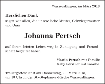 Traueranzeige von Johanna Pertsch von Schwäbische Post
