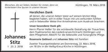 Traueranzeige von Johannes Stitz von Schwäbische Post