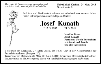 Traueranzeige von Josef Kunath von Gmünder Tagespost