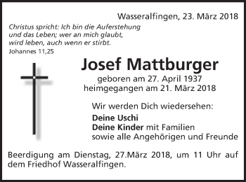 Traueranzeige von Josef Mattburger von Schwäbische Post