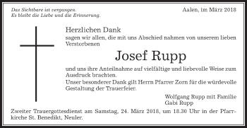 Traueranzeige von Josef Rupp von Schwäbische Post