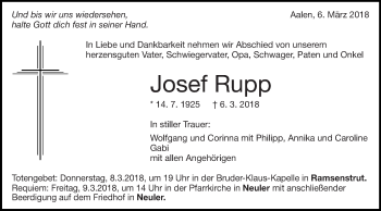 Traueranzeige von Josef Rupp von Schwäbische Post