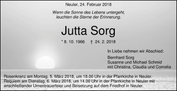 Traueranzeige von Jutta Sorg von Schwäbische Post