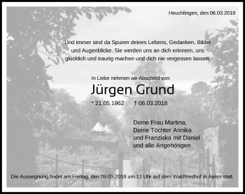 Traueranzeige von Jürgen Grund von Schwäbische Post