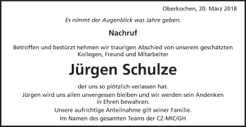 Traueranzeige von Jürgen Schulze von Schwäbische Post